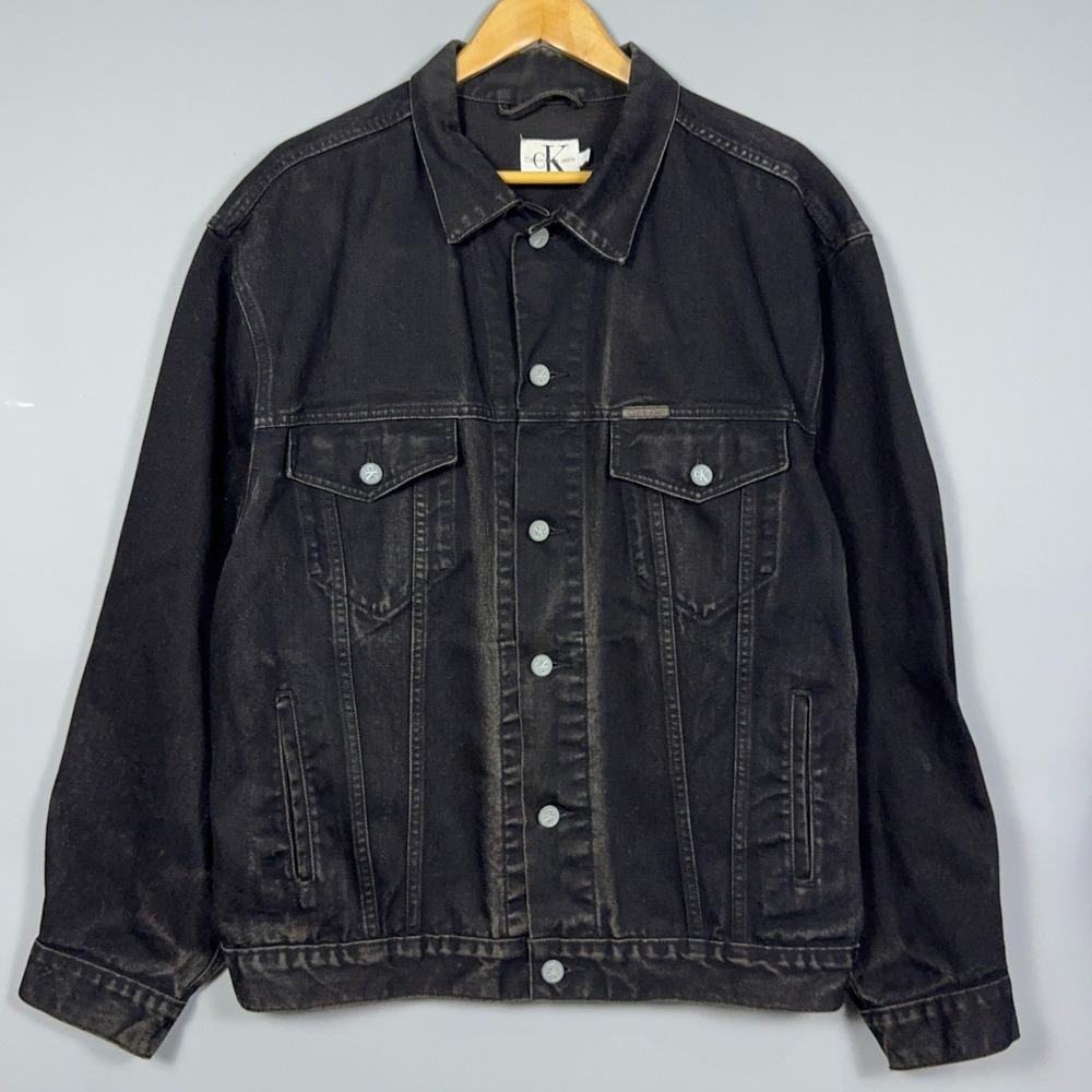 Calvin Klein Vintage 90s Denim Jacket Mens Large Black Grunge USA Made